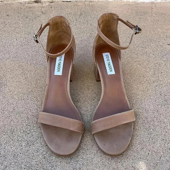 Steve Madden Irenee Block Leather Heels Sandals Ankle Strap Open Toe Neutral 8 - Picture 3 of 9